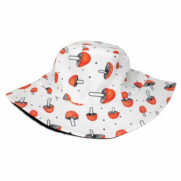 Red White Mushroom Toadstool Print Bucket Hat - Picture 1 of 3